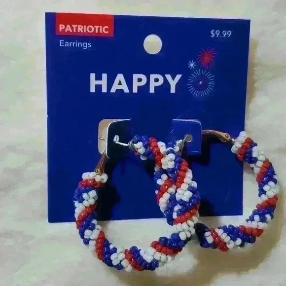 Beaded Patriotic Red White and Blue Hoop Earrings - Picture 1 of 2